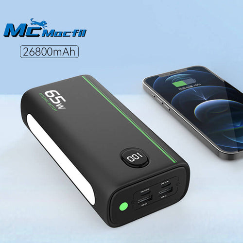 McMacfil 65W dual-direction fast charging 26800mAh power bank, providing high-capacity outdoor power for smartphones and laptops.